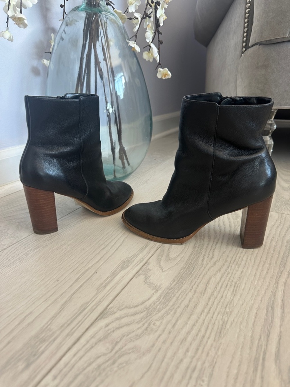 Classic Black Leather Ankle Booties with Wood Block Heel